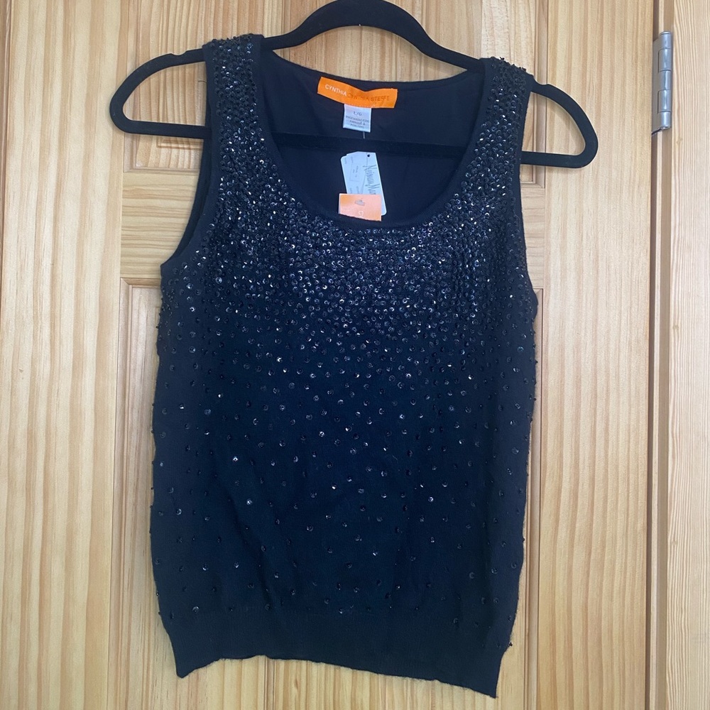 Cynthia Steffe Black Beaded 100% Cashmere Sleeveless Sweater SZ Large NWT